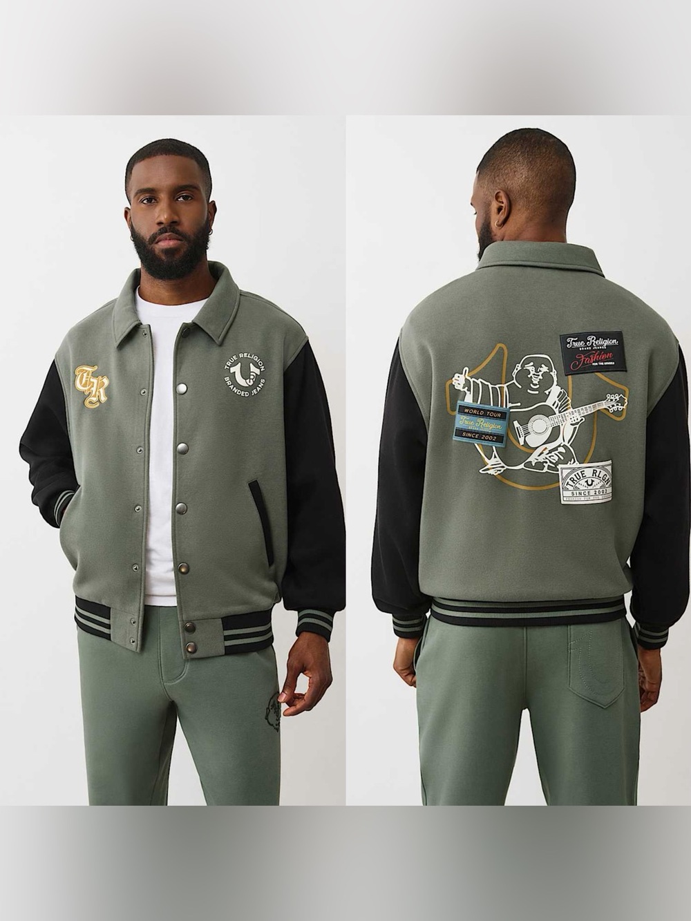 True Religion Collared Patch Fleece Varsity Jacket size L NWT $159